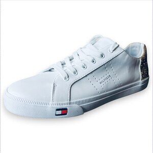 Tommy Hilfiger Womens White Gold Glitter Low Top Sneakers Size 10M Casual Shoes